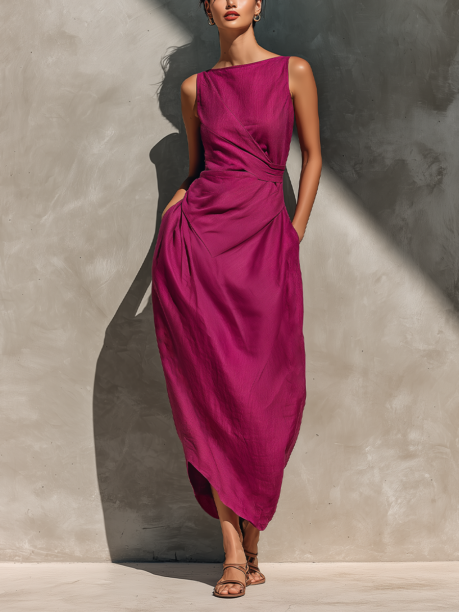 Valentina · Vestido Midi Lino Fucsia Cuello Barco