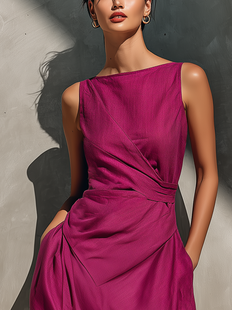 Valentina · Vestido Midi Lino Fucsia Cuello Barco