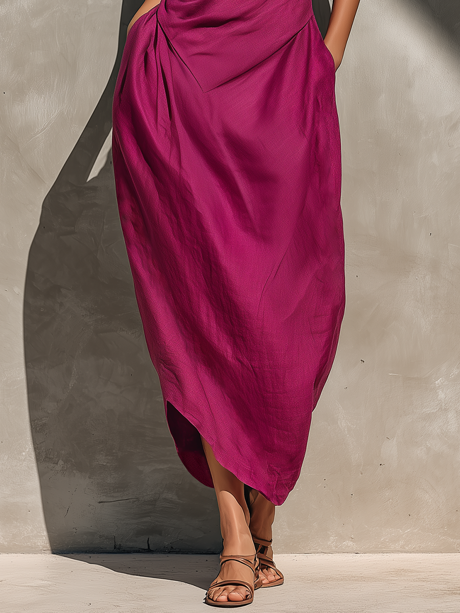 Valentina · Vestido Midi Lino Fucsia Cuello Barco