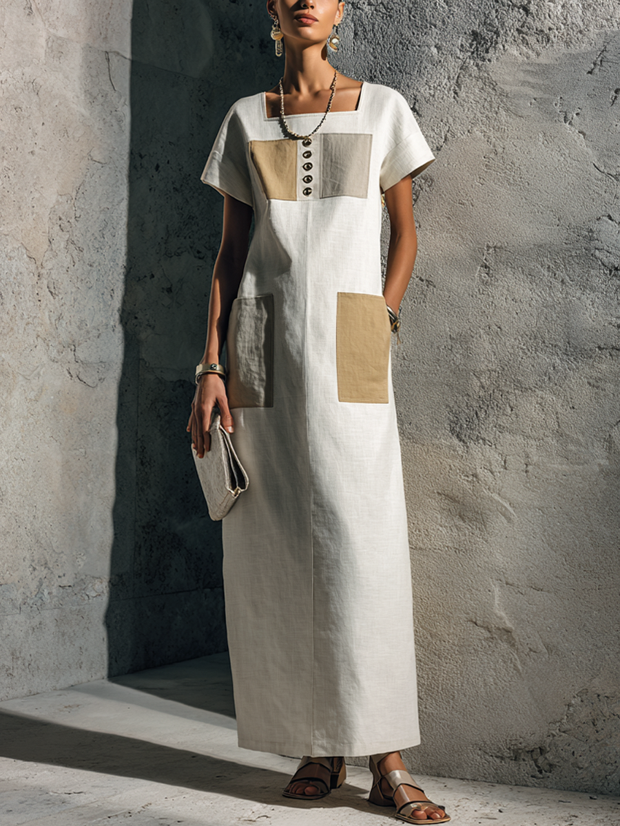 Carmen · Vestido Maxi Lino Crudo Cuello Cuadrado