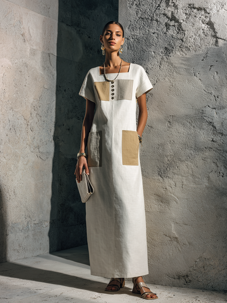 Carmen · Vestido Maxi Lino Crudo Cuello Cuadrado