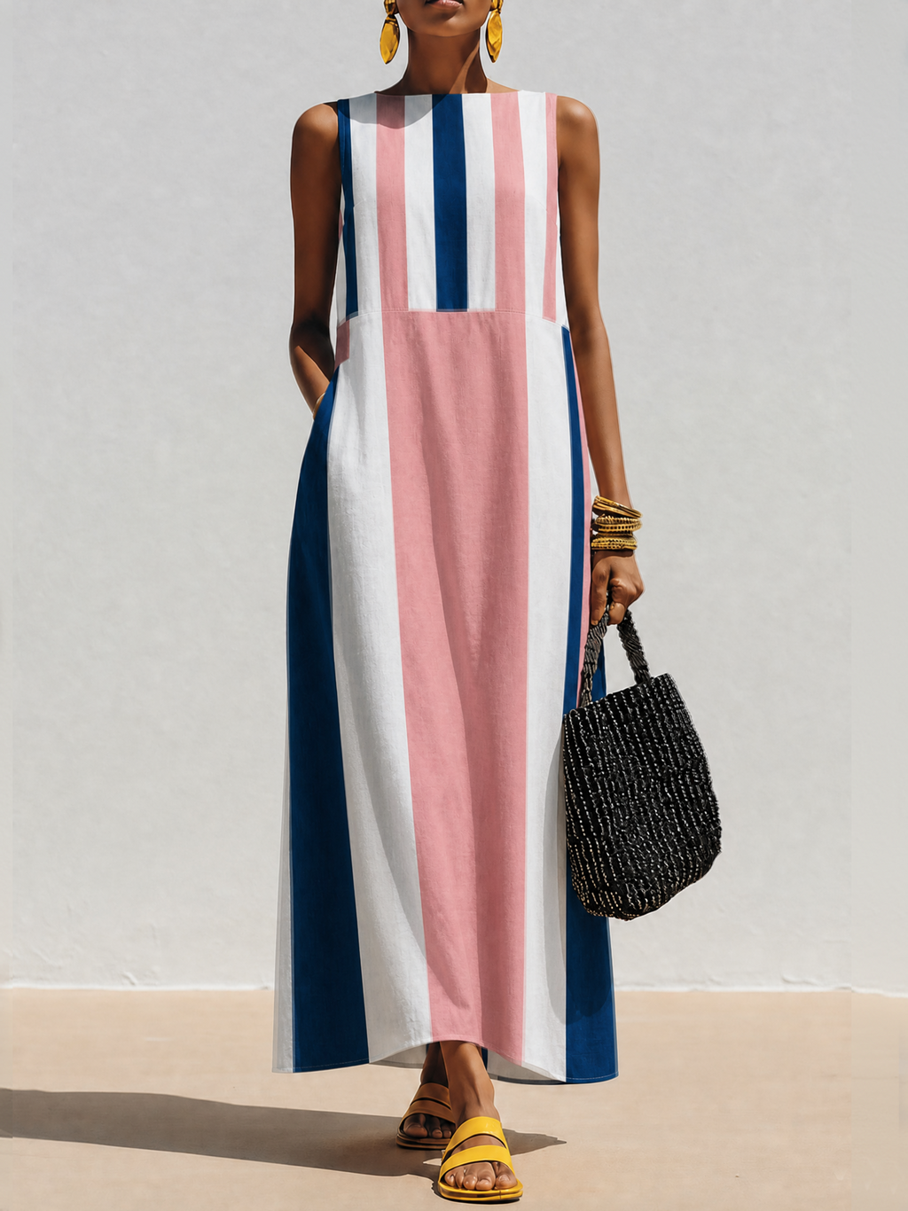 Women's Casual Vacation-Style Contrast-Print, Crew Neck, Sleeveless Blend Maxi Dress ZMZ0788E7ZYY