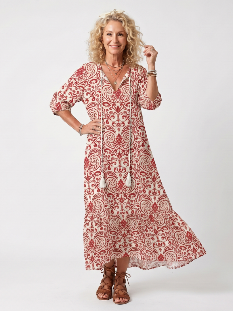 Noelia · Vestido Midi Estampado con Lazo de Borlas