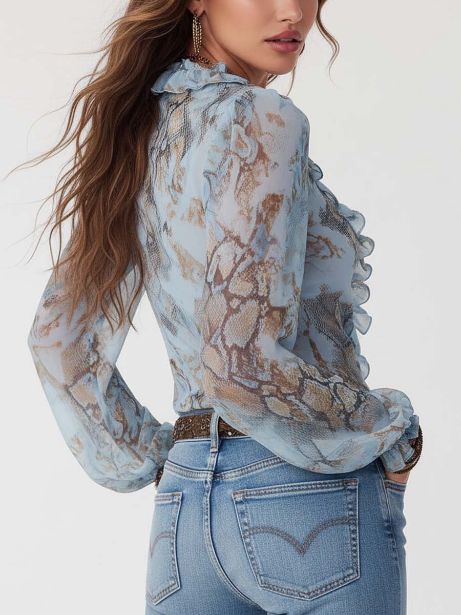 Bianca · Blusa Chiffon Estampada Azul con Volantes