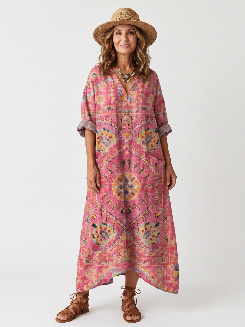 Raquel · Vestido Midi Estampado Abstracto Holgado con Bolsillos
