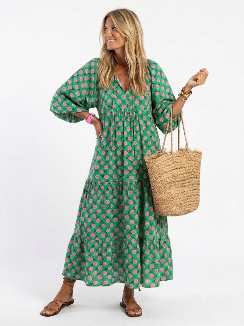 Fabiola · Vestido Midi Estampado Floral con Escote en V y Volantes