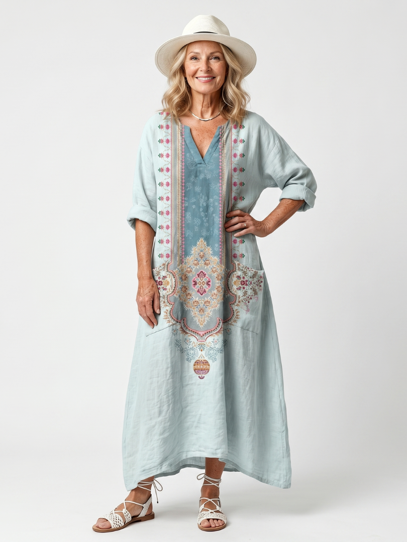Carlota · Vestido Midi Bordado Holgado con Bolsillos