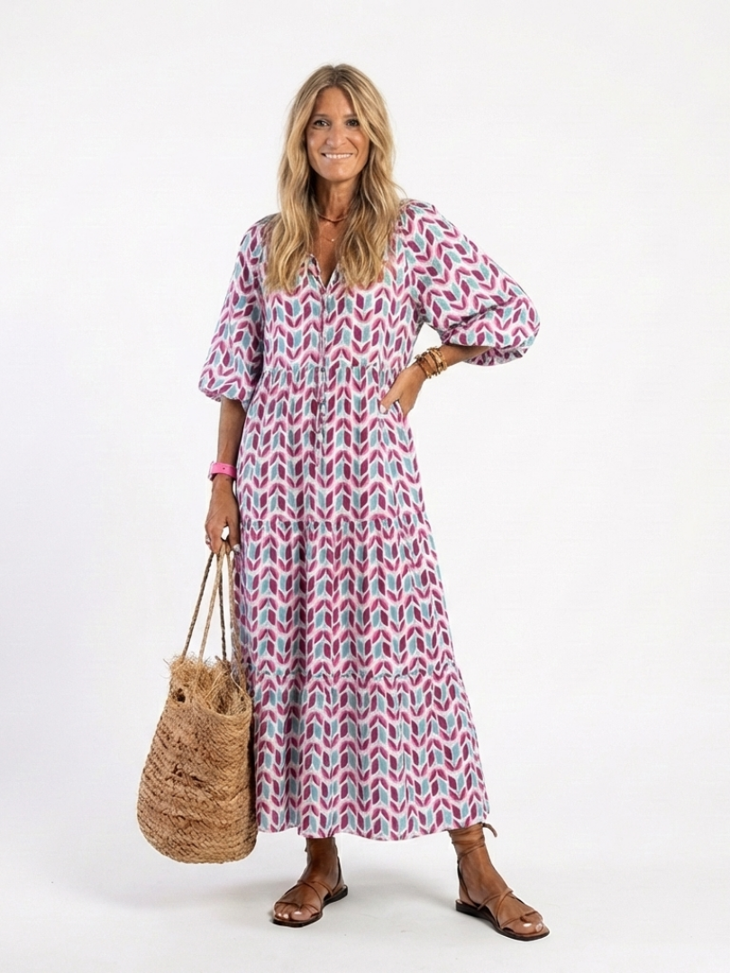 Miriam · Vestido Midi Estampado Geométrico Manga Larga con Volantes