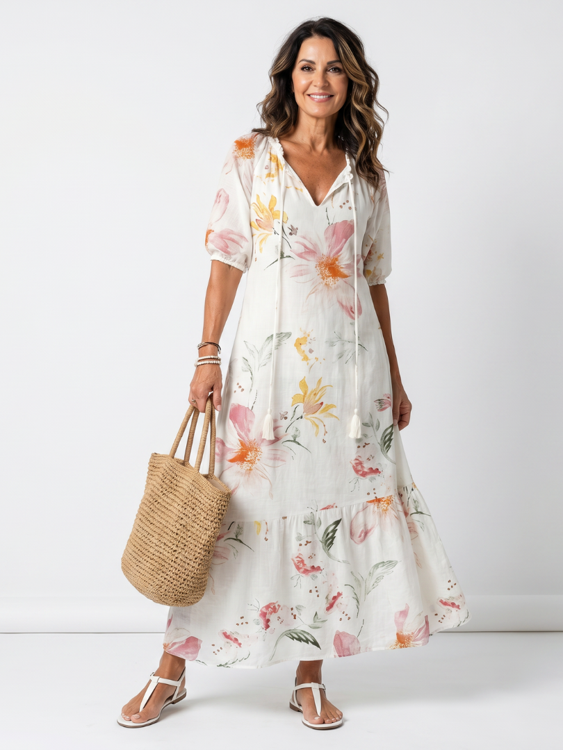 Daniela · Vestido Midi Floral con Volantes y Borlas