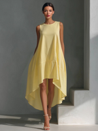 Blanca · Vestido Midi de Lino con Bajo Asimétrico
