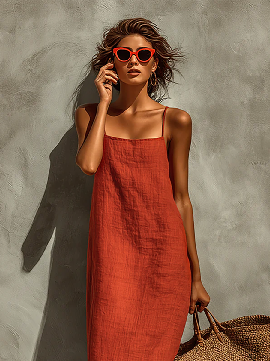Vestido Rojo de Algodón con Tirantes Finos y Escote Cuadrado - Boho Resort