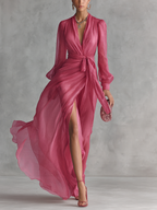 Vestido Largo Chiffon Rosa Perla con Escote V y Cintura Atada
