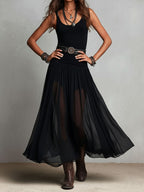 Vestido Maxi Negro Boho Western con Falda Semitransparente