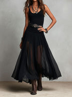 Vestido Maxi Negro Boho Western con Falda Semitransparente