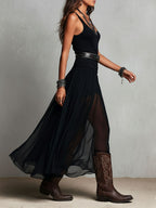 Vestido Maxi Negro Boho Western con Falda Semitransparente