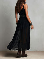 Vestido Maxi Negro Boho Western con Falda Semitransparente