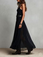 Vestido Maxi Negro Boho Western con Falda Semitransparente