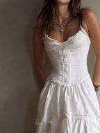 Renata · Vestido Midi Corsé con Volantes y Encaje