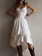Renata · Vestido Midi Corsé con Volantes y Encaje