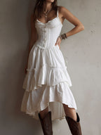 Renata · Vestido Midi Corsé con Volantes y Encaje