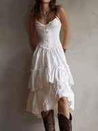 Renata · Vestido Midi Corsé con Volantes y Encaje