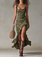 Bianca · Vestido Maxi Boho con Abertura y Mangas Volantes