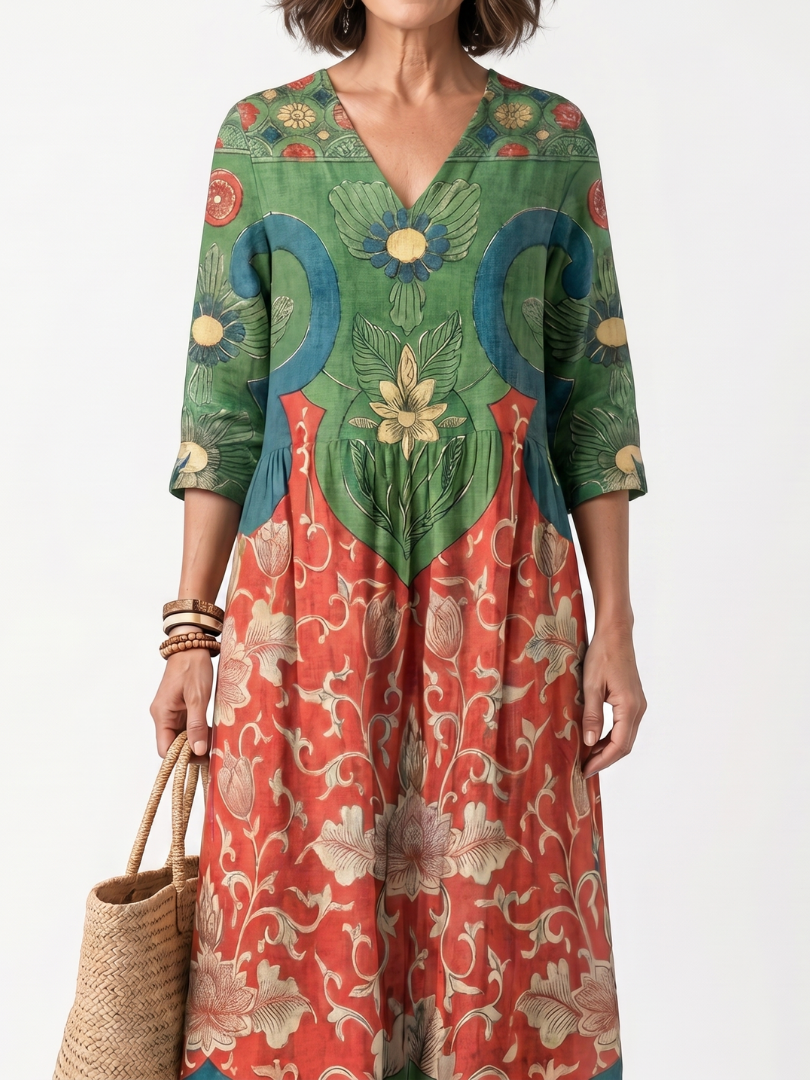 Ainhoa · Vestido Midi Estampado con Escote en Pico y Bolsillos