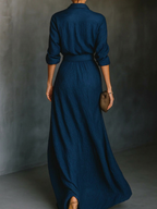 Conjunto Camisa Larga Manga Larga y Falda Maxi Plisada en Azul Noche