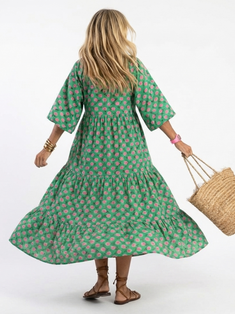 Fabiola · Vestido Midi Estampado Floral con Escote en V y Volantes