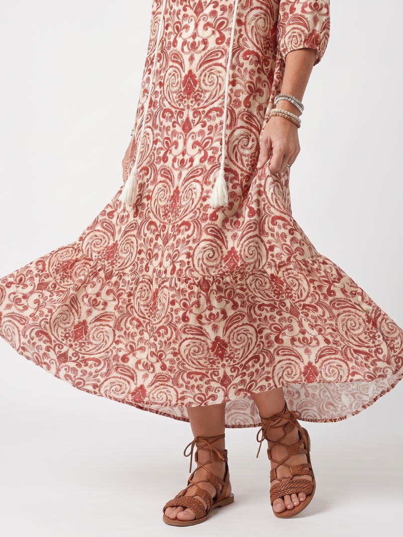 Noelia · Vestido Midi Estampado con Lazo de Borlas