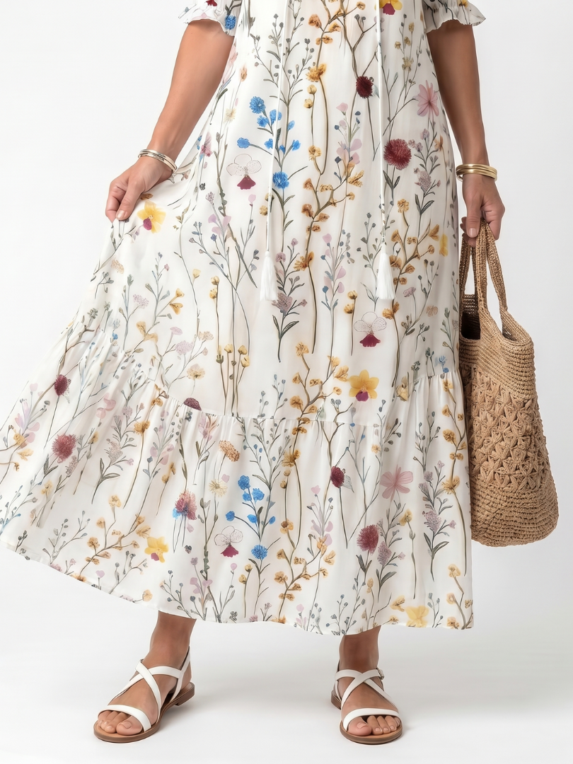 Silvana · Vestido Midi Estampado Botánico con Borlas