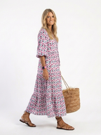 Miriam · Vestido Midi Estampado Geométrico Manga Larga con Volantes