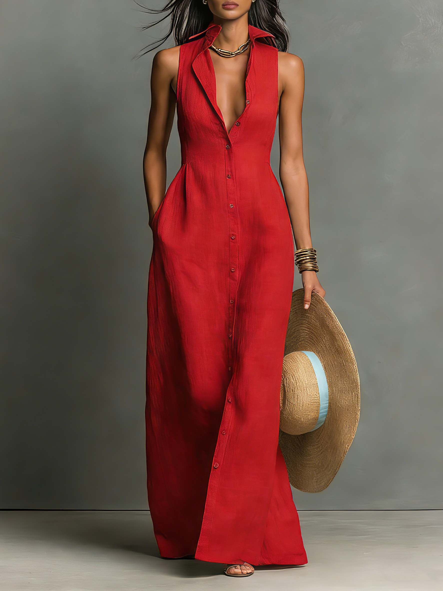 Rocío · Vestido Camisero Maxi Lino Sin Mangas