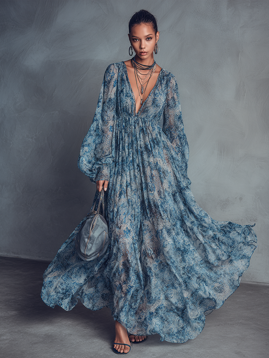 Marisol · Vestido Maxi Boho Floral Azul