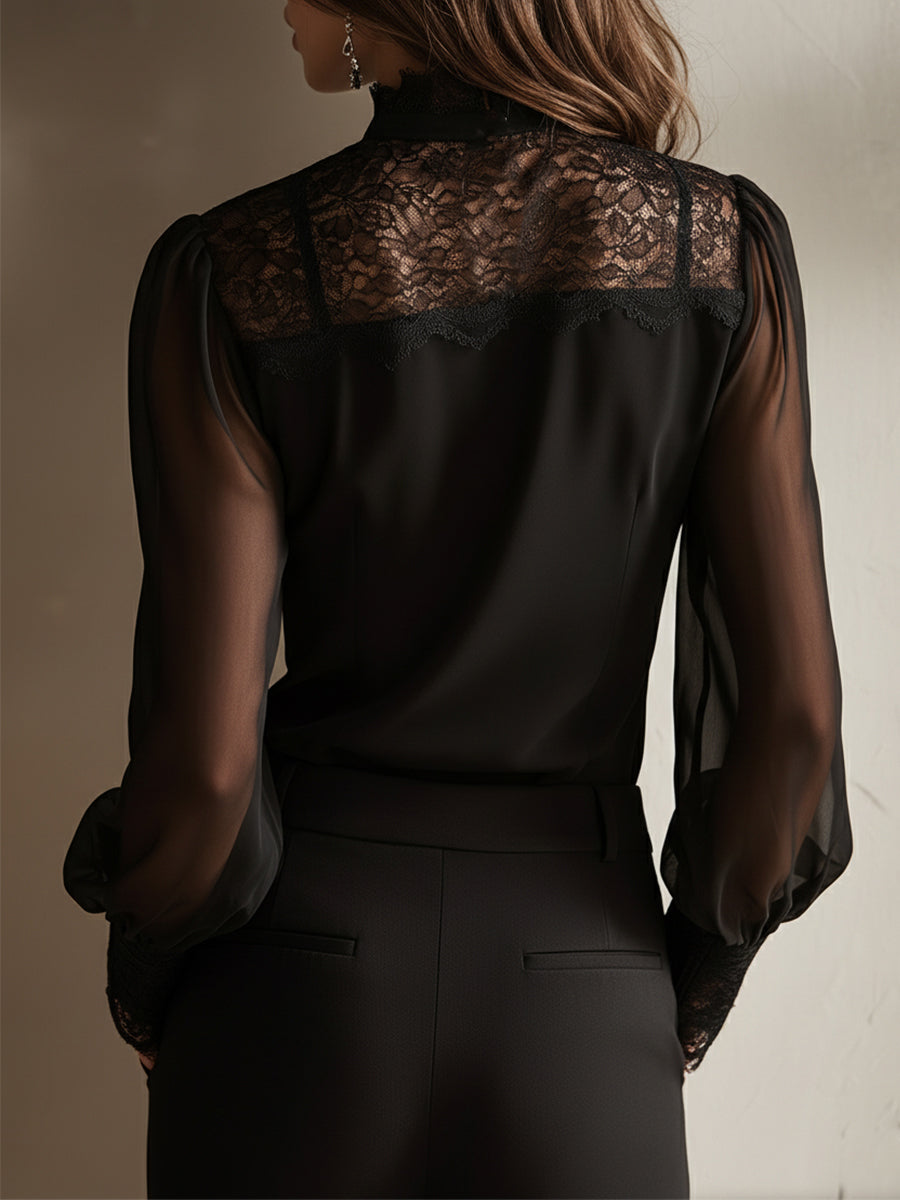 Rocío · Blusa Chiffon Retro con Cuello Lazada y Encaje
