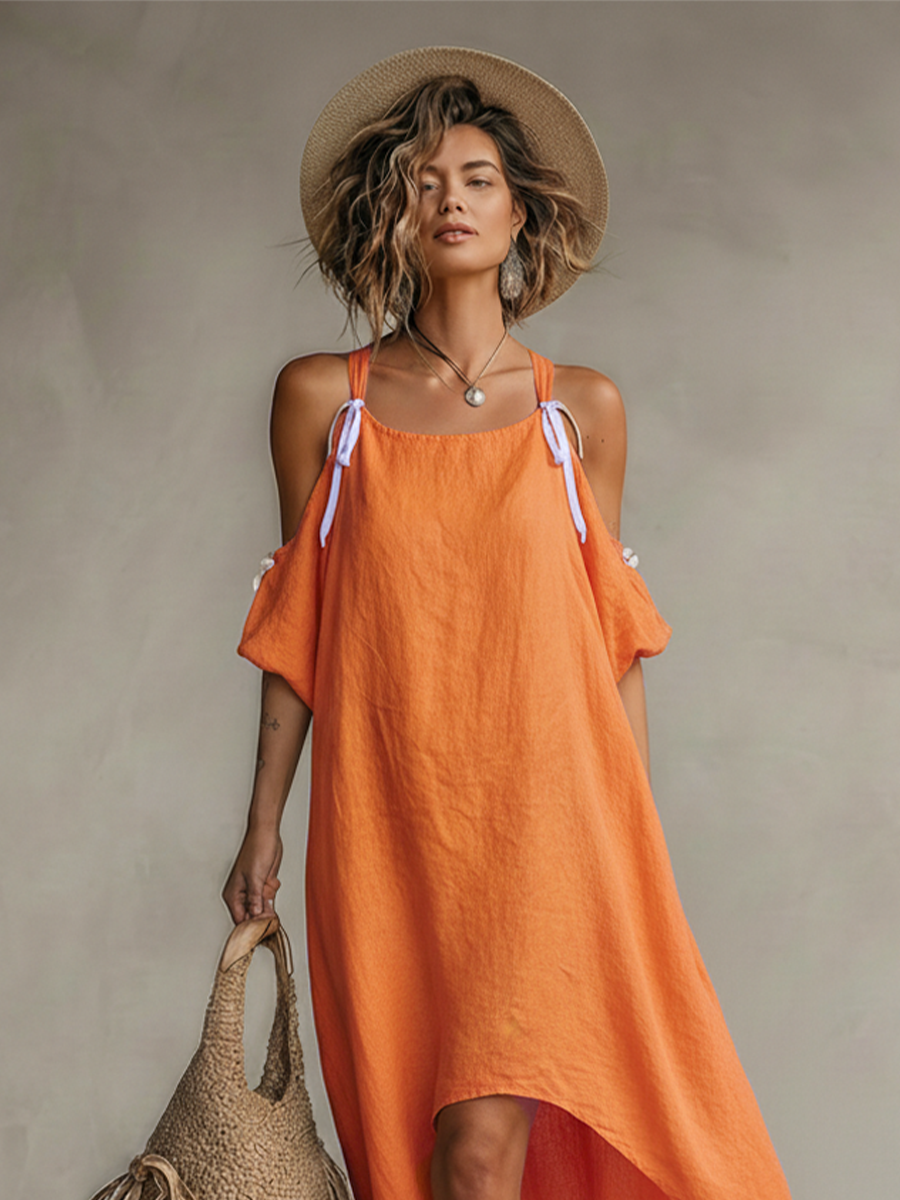 Sol · Vestido Lino Hombros Descubiertos Bajo Asimétrico