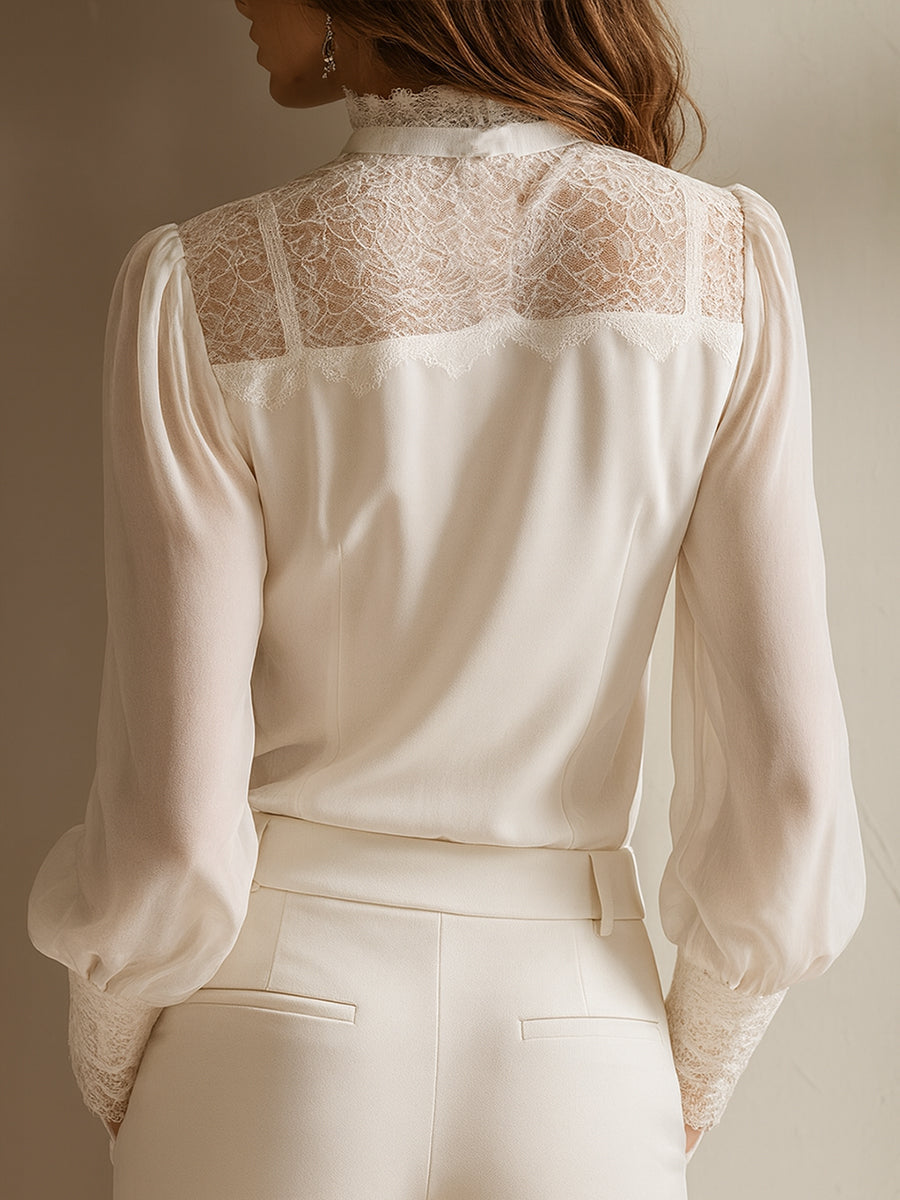 Rocío · Blusa Chiffon Retro con Cuello Lazada y Encaje