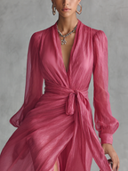 Vestido Largo Chiffon Rosa Perla con Escote V y Cintura Atada