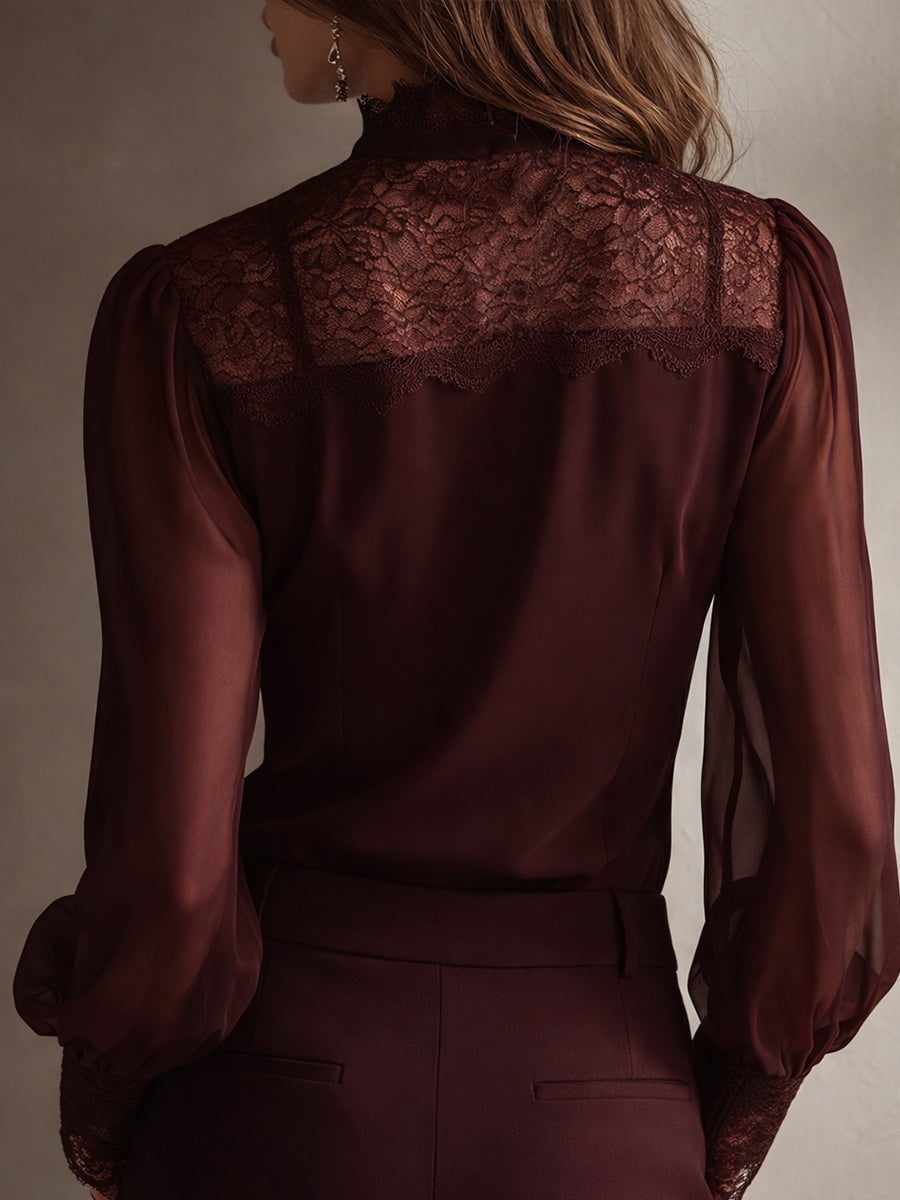 Rocío · Blusa Chiffon Retro con Cuello Lazada y Encaje