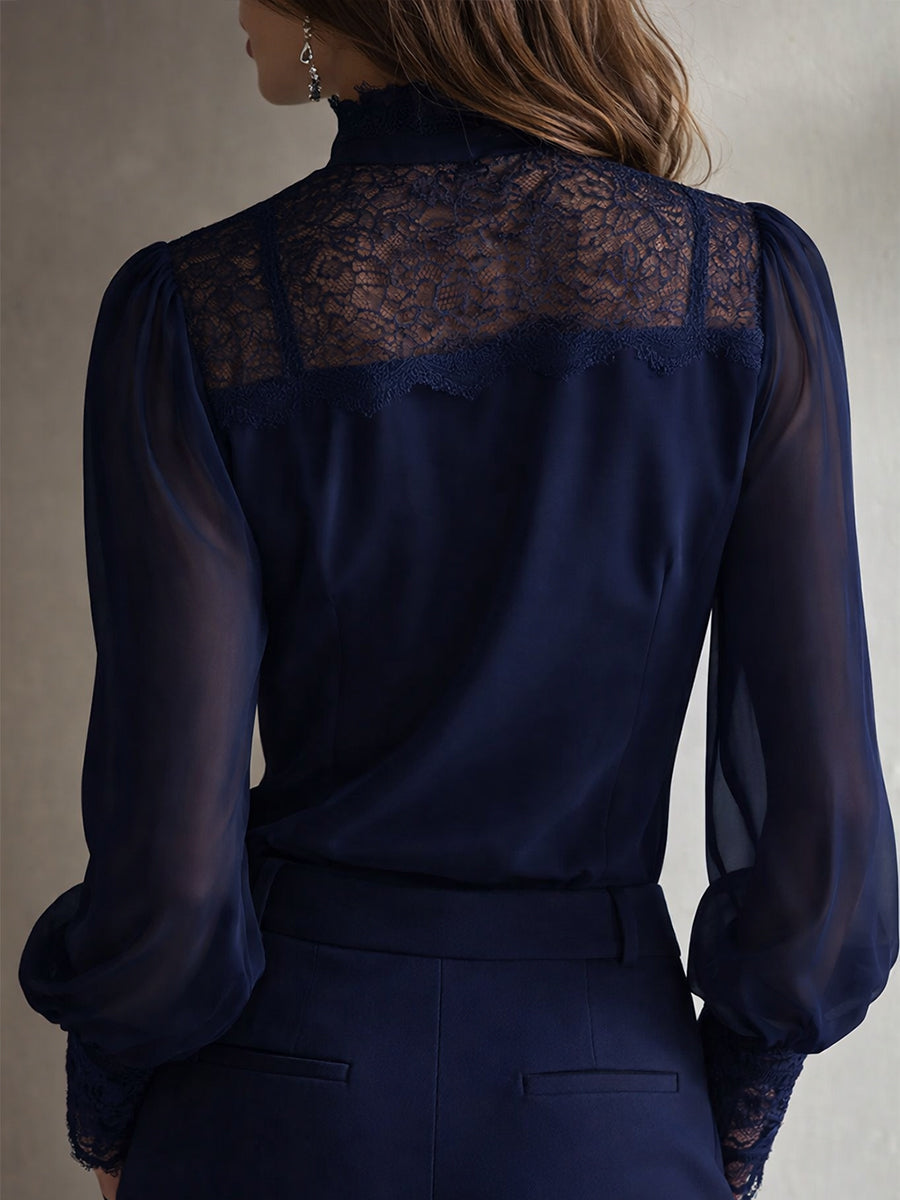 Rocío · Blusa Chiffon Retro con Cuello Lazada y Encaje