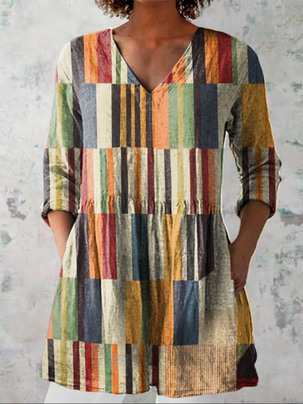 Manuela blusa larga patchwork rayas multicolor con bolsillos - foto producto
