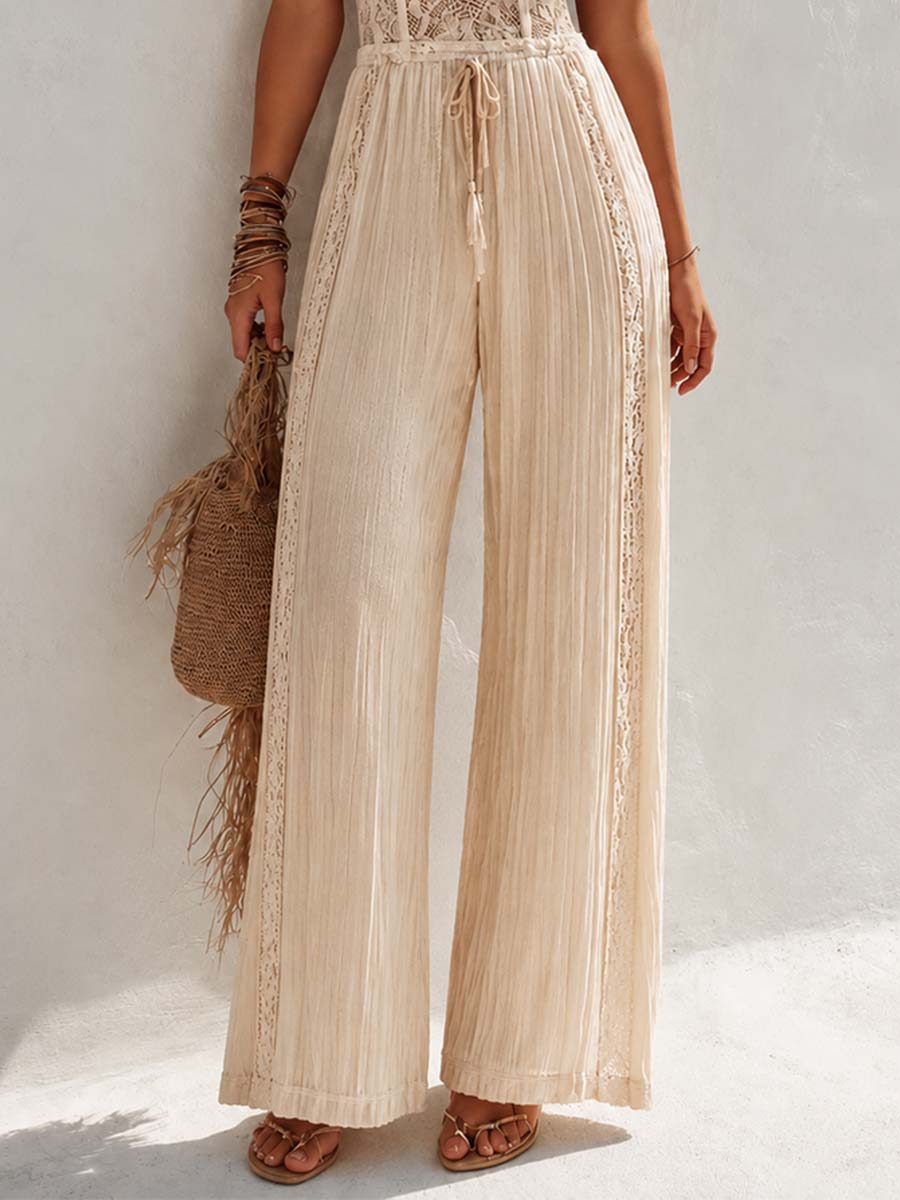 Mono Bohemio de Encaje Crema con Corsé y Pierna Ancha Plisada