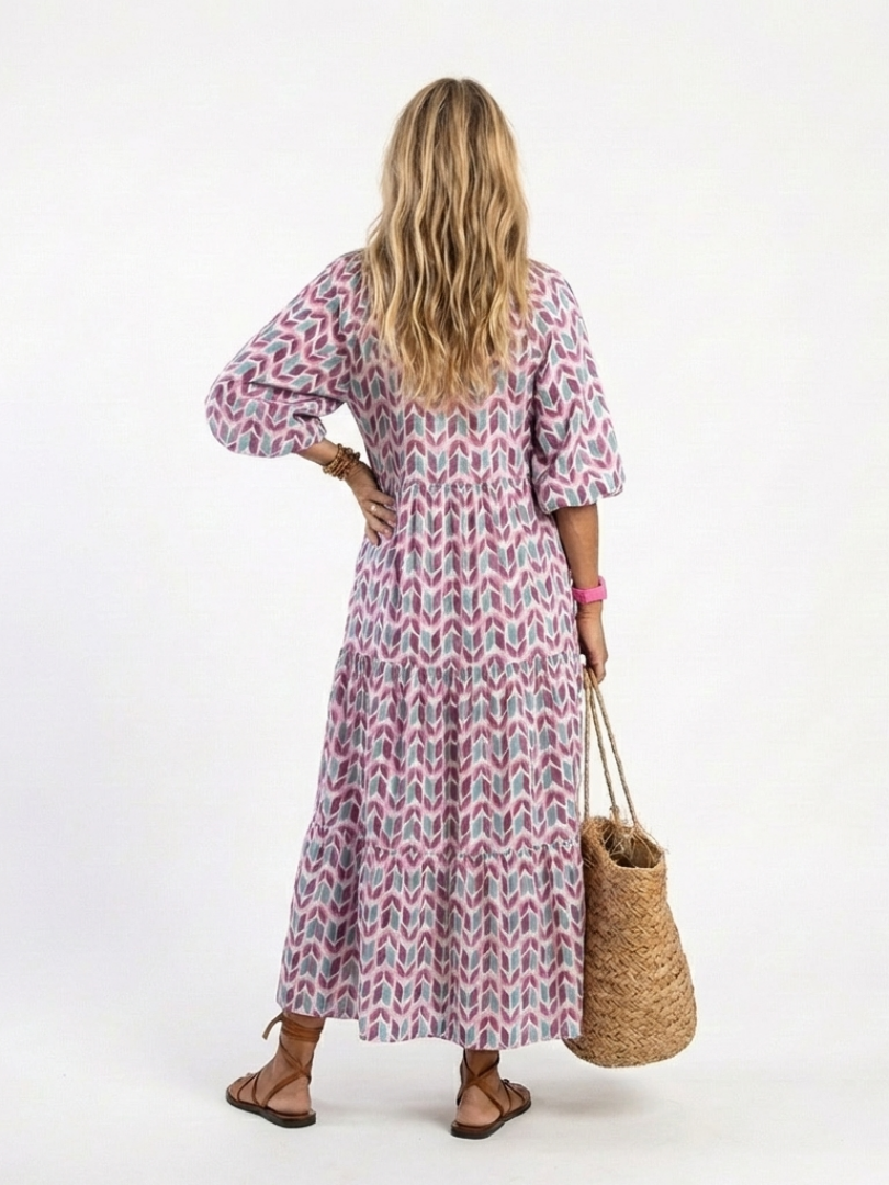 Miriam · Vestido Midi Estampado Geométrico Manga Larga con Volantes