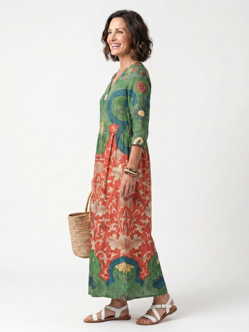 Ainhoa · Vestido Midi Estampado con Escote en Pico y Bolsillos