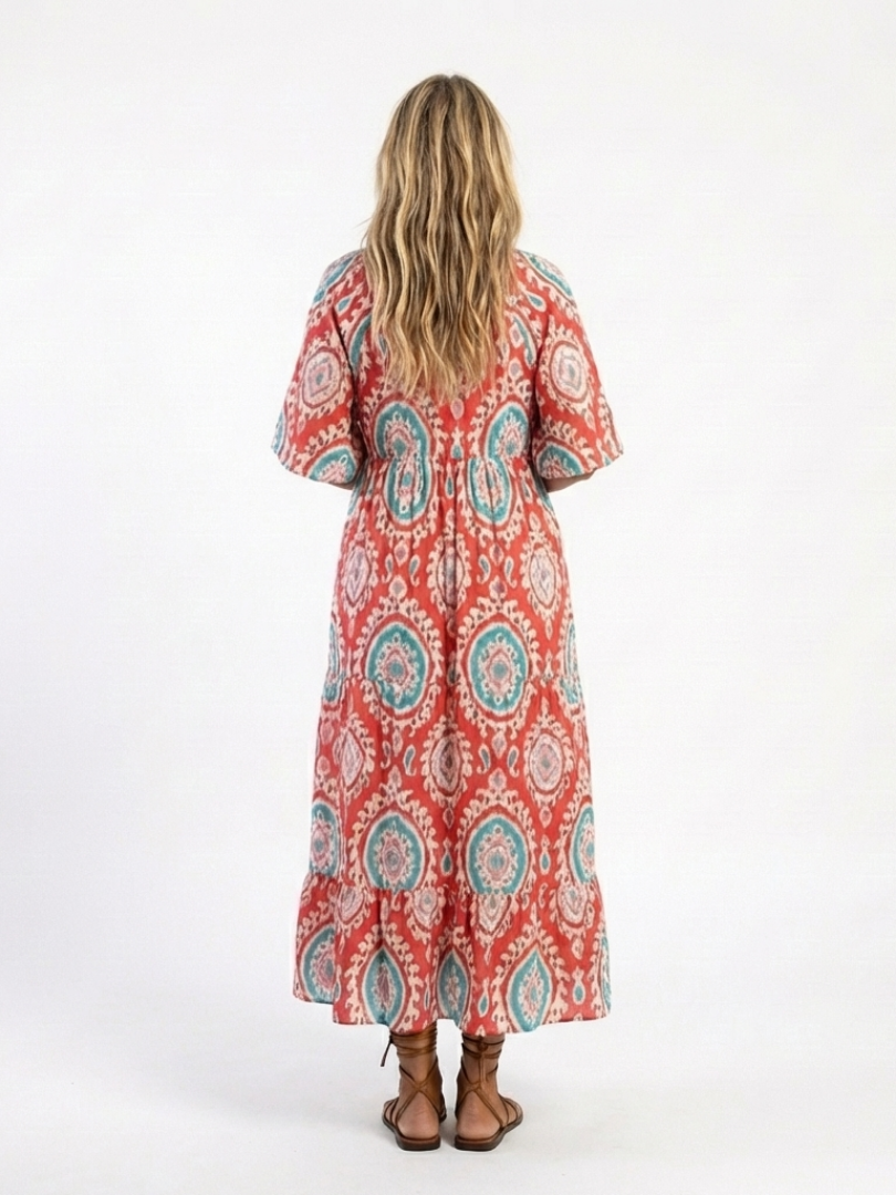 Soraya · Vestido Midi Estampado Paisley con Escote en V y Manga Corta
