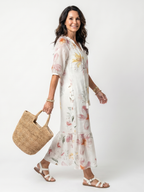 Daniela · Vestido Midi Floral con Volantes y Borlas