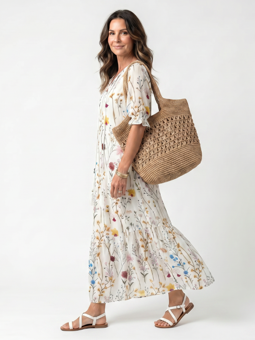 Silvana · Vestido Midi Estampado Botánico con Borlas