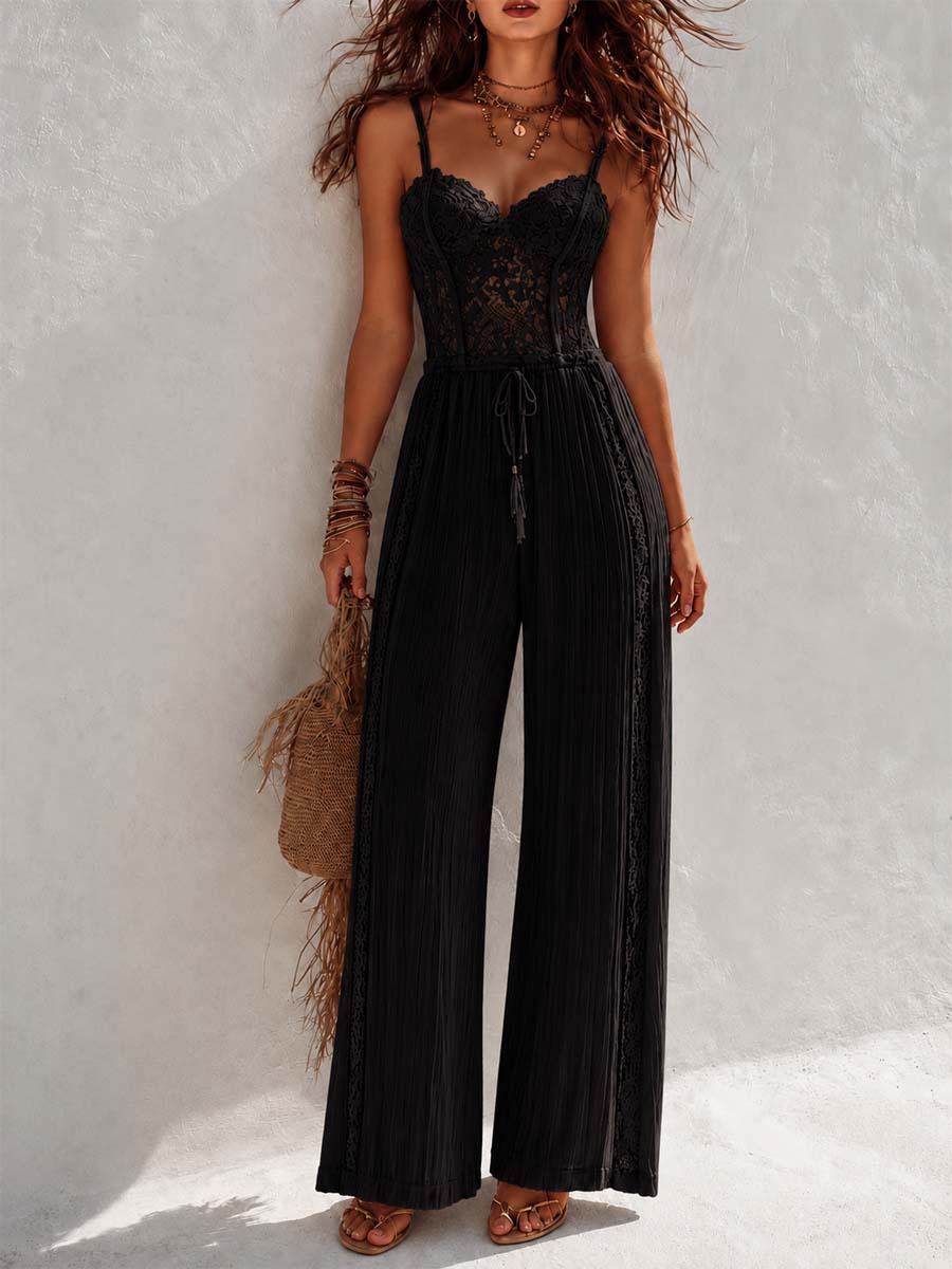 Mono Bohemio de Encaje Crema con Corsé y Pierna Ancha Plisada