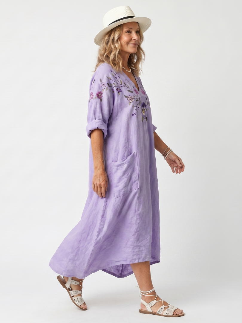 Tamara · Vestido Midi Holgado con Bordado Floral y Bolsillos