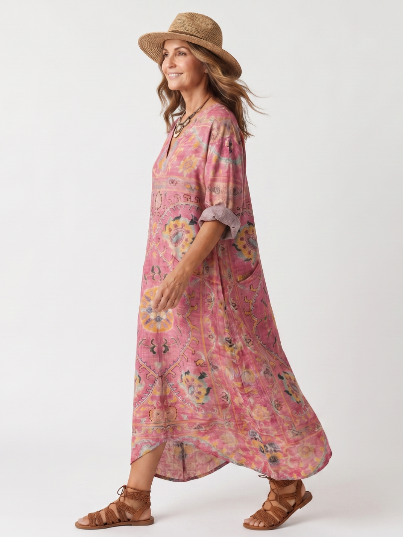 Raquel · Vestido Midi Estampado Abstracto Holgado con Bolsillos